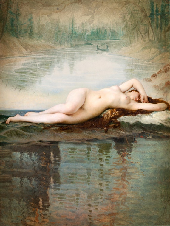 Nude Woman on the Lake Art Print Dreamy Landscape Beautiful image