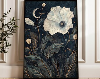 Botanical Moon Wildflower Print: Vintage Dark Botanical Printed Wall Art