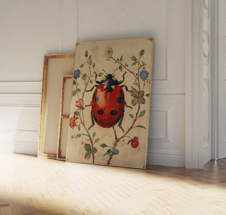 Ladybug Floral Art Print: Vintage Insect Illustration, Garden Decor - Etsy