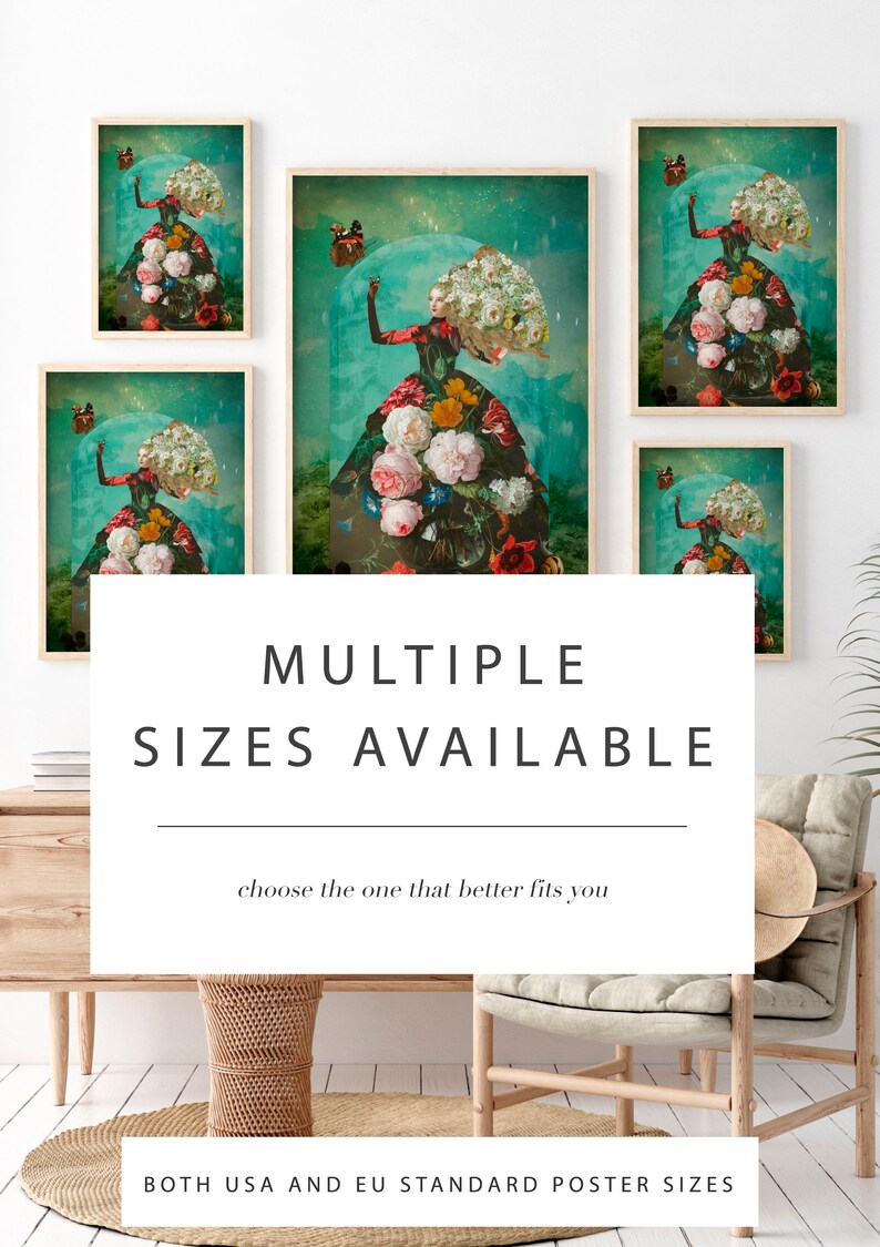 May include: A digital art print featuring a woman with a floral crown and dress, surrounded by butterflies and flowers. The print is available in multiple sizes and is framed in a wooden frame. The text "MULTIPLE SIZES AVAILABLE" and "choose the one that better fits you" is displayed below the print. The text "BOTH USA AND EU STANDARD POSTER SIZES" is displayed at the bottom of the image.