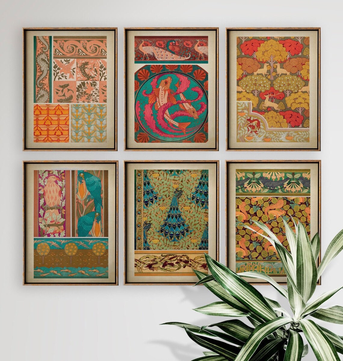 Art Nouveau Nature Motifs pattern Art Poster Set of 6 art Etsy