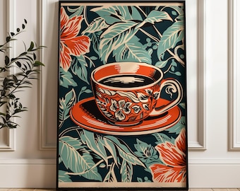 William Morris Style Teacup Art – Retro Tropical Kitchen Decor