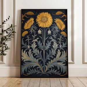 Poster Girasole, stampa floreale su sfondo nero, stampa estetica vintage con motivo botanico, arredamento da fattoria. Arte murale stampata e spedita.