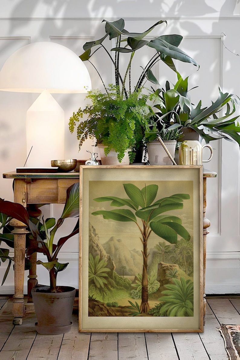 Palm print landscape, Vintage tropical forest poster, jungle forest art, antique historical botanical wall art, image 1