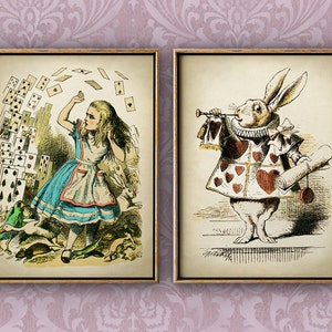 Alice in Wonderland print SET of 2, Alice in Wonderland poster, children illustration wall decor, fantasy rabbit print, children