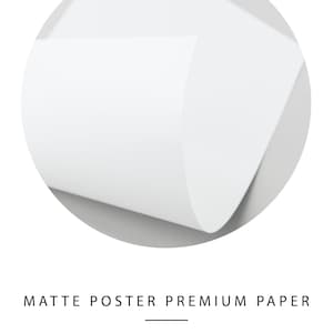 May include: A close-up of a white, matte poster paper. The paper is 230g and is printed with Epson Fine art pigment, water based ink. The text "MATTE POSTER PREMIUM PAPER" is printed at the top of the image. The text "PAPER: PREMIUM matte paper 230g" and "INK: Epson Fine art pigment, water based ink" is printed below the title. The text "PROFESSIONALY PRINTED ON DEMAND, IN USA AND EU" is printed at the bottom of the image.