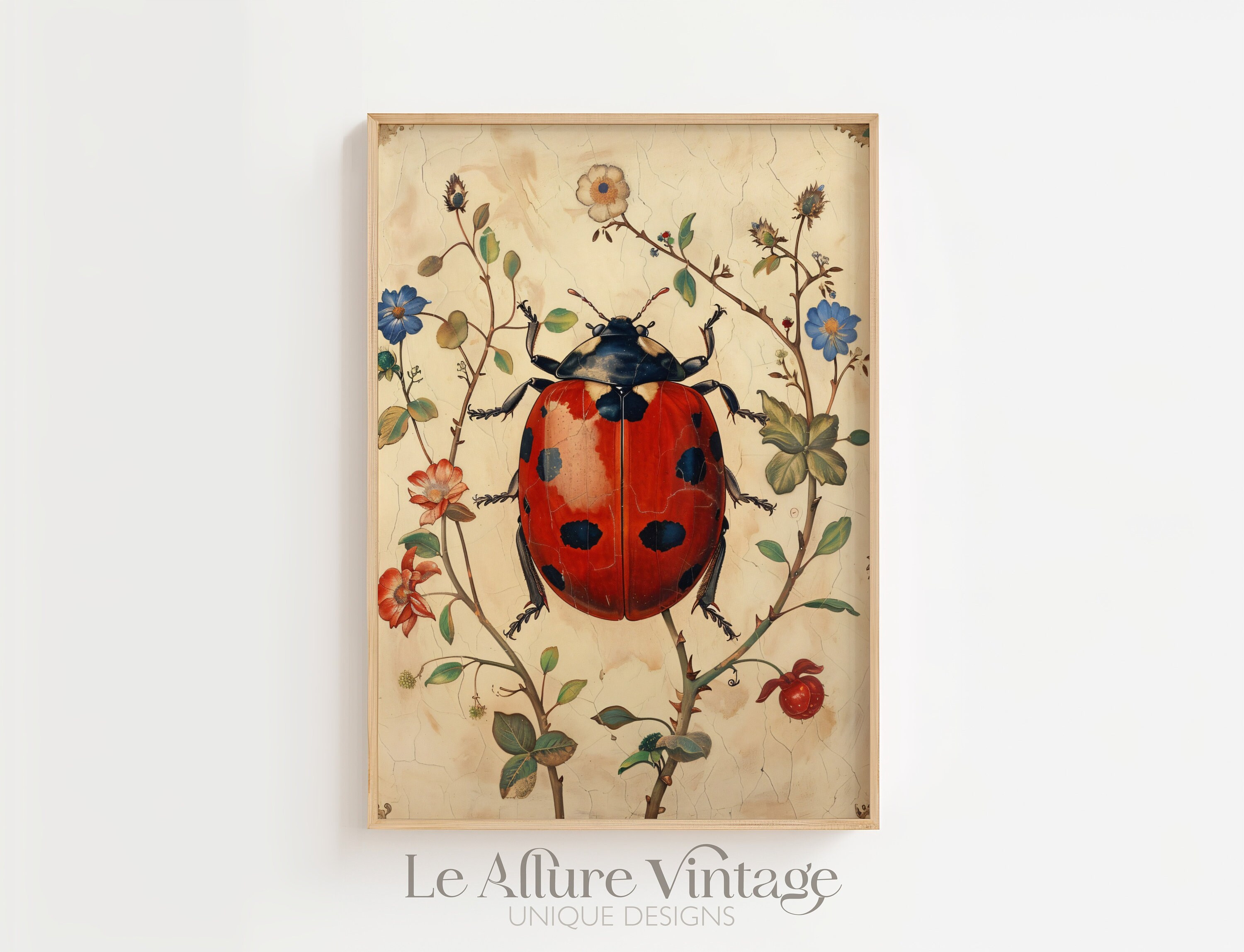 Ladybug Floral Art Print: Vintage Insect Illustration, Garden Decor - Etsy