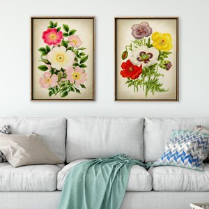May include: Two framed botanical prints featuring vintage illustrations of flowers. The first print shows a bouquet of pink and white roses with green leaves. The second print shows a bouquet of red, white, yellow, and purple poppies with green leaves.