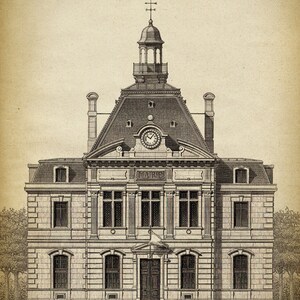 Op de afbeelding: Een zwart-witte lijntekening van een gebouw met een klokkentoren. Het gebouw heeft een bord met de tekst "MAIRE" boven de ingang.