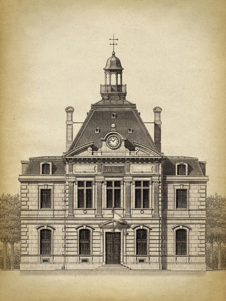 Op de afbeelding: Een zwart-witte lijntekening van een gebouw met een klokkentoren. Het gebouw heeft een bord met de tekst "MAIRE" boven de ingang.