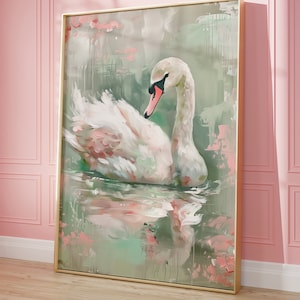 Swan Wall Art, Pastel pink and green, White Swan Poster, Swan Lake, Cozy Decor, Vintage style