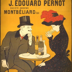 May include: A vintage advertisement for absinthe, featuring a man and a woman sitting at a table with bottles of absinthe. The text reads "Absinthe Extra-Sup&eacute;rieure J. &Eacute;douard Pernod Soci&eacute;t&eacute; Anonyme Montb&eacute;liard (Doubs)"