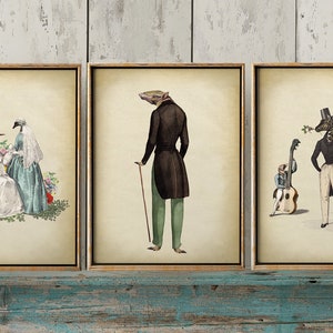 Animal PORTRAIT Print SET de 3, Retrato de pájaros vestidos de boda, Impresión de arte de retrato de cebra de sombrero de copa, Armadillo de ropa victoriana