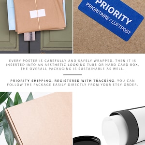 May include: A brown cardboard box with the text "SHIPPING FROM USA AND EU" printed on the bottom. The box is surrounded by green leaves. A blue sticker with the text "PRIORITY PRIORITAIRE/LUFTPOST" is on a brown surface. A brown envelope with a white label is on a green door.
