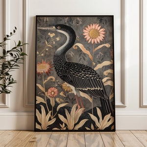 Arte murale airone, stampa artistica floreale, poster con sfondo scuro, stampa estetica vintage con uccelli, arredamento malinconico, arredamento botanico per la casa in fattoria