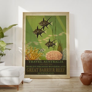 Vintage Australia Travel Poster, Great barrier reef, Fishes and coral Art Print, Gallery Art Poster, Wall Art