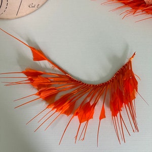 May include: A vibrant orange feather hair accessory, possibly a fascinator or headpiece, with a curved design. The feathers are arranged in a fan-like pattern. A circular object with the text "Cut 2" is in the background.