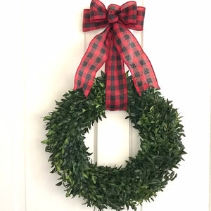 Boxwood Wreath, Farmhouse Red Black Buffalo Check Bow Ribbon, Fresh Christmas Wreath, Front Door Decor, Small Medium Large, Real Wreath