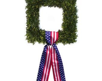 Patriotic Wreath for Front Door, Boxwood Wreath With Sash, Square 4th of July Wreath, Independence Day Flag Sash, Fourth of July Door Decor