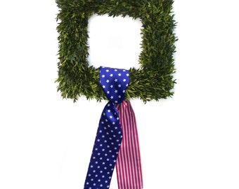 Patriotic Wreath for Front Door, Boxwood Wreath With Sash, Square 4th of July Wreath, Independence Day Flag Sash, Fourth of July Door Decor