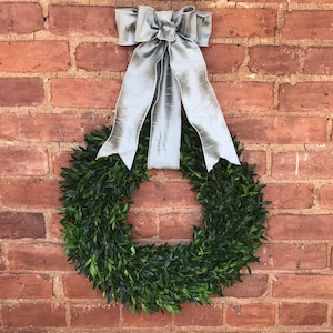 Christmas Wreath, Boxwood Wreath, 12, Fresh Boxwood Wreath, Live Holiday Wreaths, Front Door Wreath, Natural Wedding Decor, Real Boxwood Silver Dupioni Silk