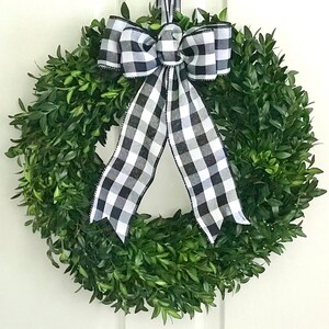 Boxwood Wreath, Front Door Decor, Farmhouse Black White Buffalo Check Bow Ribbon, Fresh Wreath, Spring Wreath with Bow, Small Medium Large
