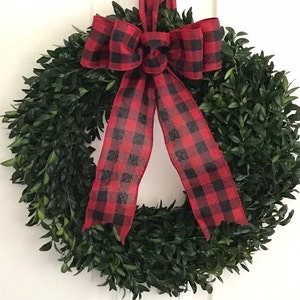 Christmas Wreath, Boxwood Wreath, 12, Fresh Boxwood Wreath, Live Holiday Wreaths, Front Door Wreath, Natural Wedding Decor, Real Boxwood Red Buffalo Check