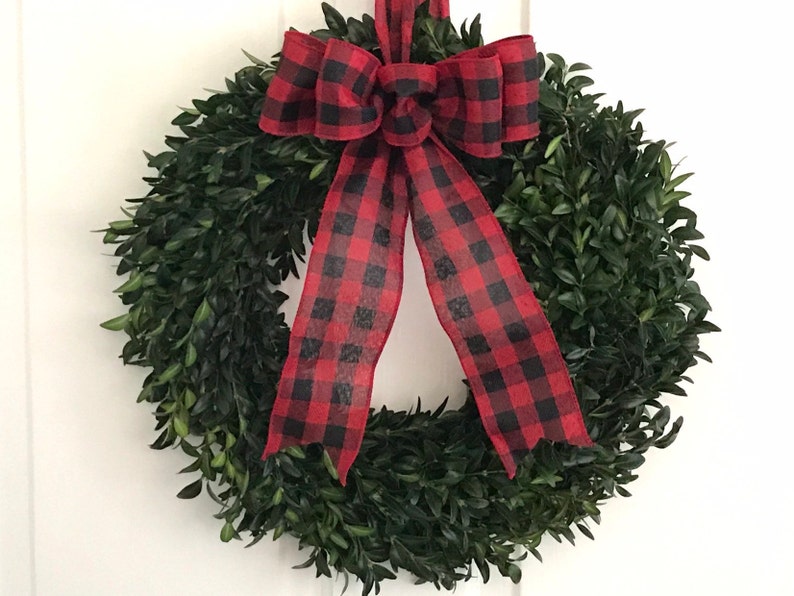 Christmas Wreath, Boxwood Wreath, 12, Fresh Boxwood Wreath, Live Holiday Wreaths, Front Door Wreath, Natural Wedding Decor, Real Boxwood Red Buffalo Check