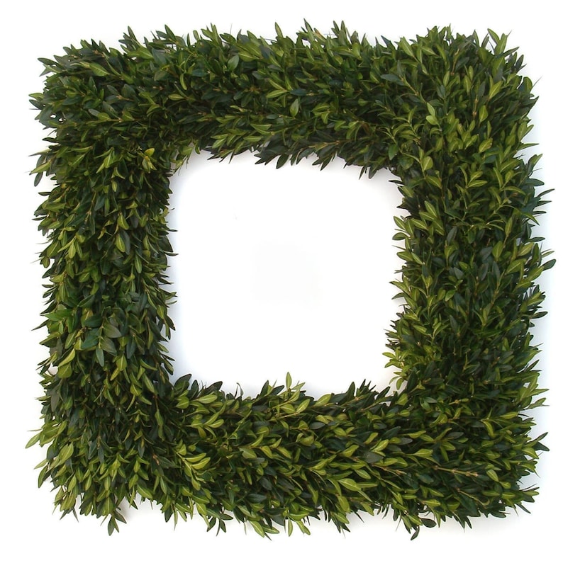 May include: A square frame made of green boxwood greenery. The frame is perfect for a wreath or other decorative purposes.
