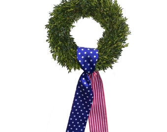 Patriotic Wreath for Front Door, Boxwood Wreath With Sash, 18" Round July 4th Wreath, Independence Day Flag Sash, Fourth of July Door Decor