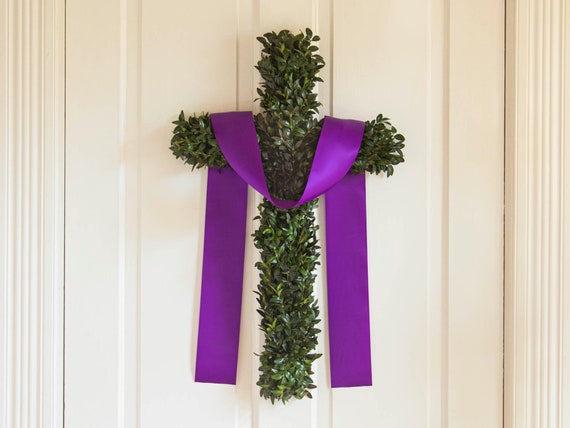Easter Cross Wreath for Front Door, Boxwood Cross Wreath