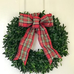 Christmas Wreath, Boxwood Wreath, 12, Fresh Boxwood Wreath, Live Holiday Wreaths, Front Door Wreath, Natural Wedding Decor, Real Boxwood Tartan Plaid