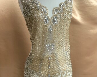 Rhinestone Full body tulle, Rhinestone Applique, mesh,Beaded Wedding Dress, prom evening bridal