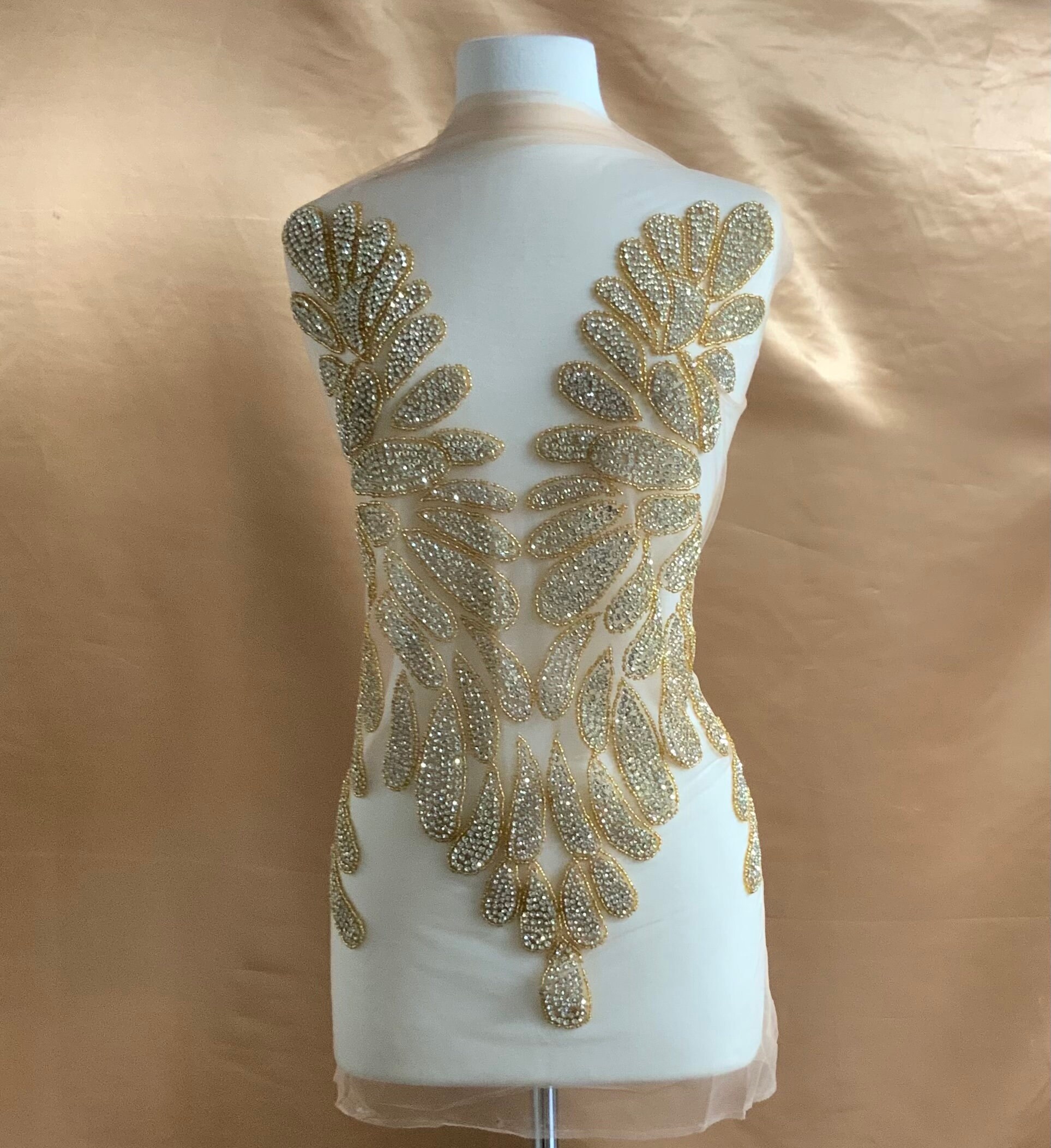 Hand Beaded Beige Fabric with Rhinestones for Bridal, Evening Gowns, Prom, Wedding & Formal Wear