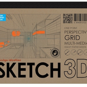 May include: A brown paper pad with a one-point perspective grid for sketching. The pad is labeled "Sketch 3D" and "One Point Perspective Grid Multi-Media Heavy Paper Sheets".