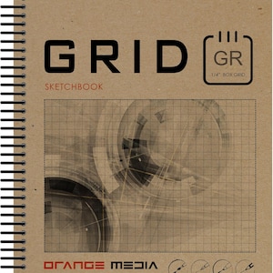 May include: A brown sketchbook with the word "GRID" in black text and the words "SKETCHBOOK" and "ORANGE MEDIA" in white text. The cover has a grid pattern and a small square with the text "GR 1/4" BOX GRID" in white text.