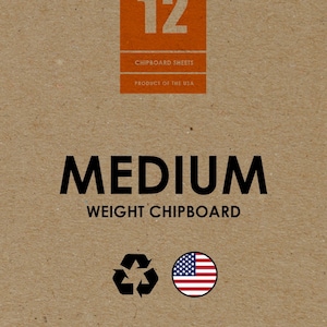 May include: Studio 12 Medium Weight Chipboard Sheets, product of the USA. The package is brown with a recycle symbol and an American flag. The text "Design Ideation Studio" is at the bottom.