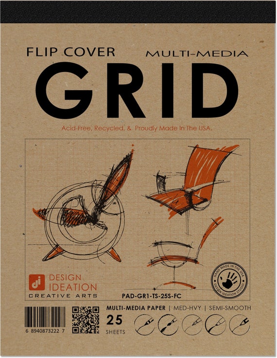 FLIP COVER Sketchbook Multi Media Paper ORANGE Grid Pad for Pencil, Ink,  Marker, Charcoal and Watercolor Paints. 8.5 X 11 