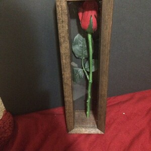 May include: A single red rose encased in a rectangular wooden frame with a glass front. The rose has green leaves and a green stem. The wooden frame has a dark brown finish.