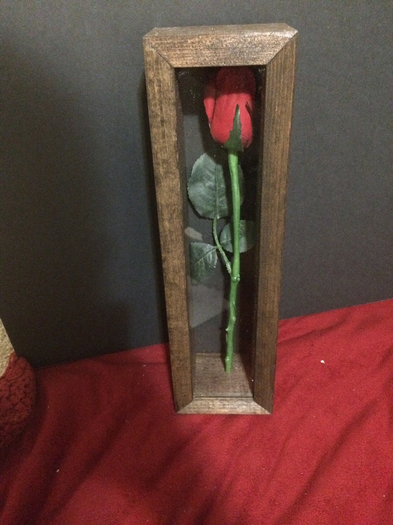 May include: A single red rose encased in a rectangular wooden frame with a glass front. The rose has green leaves and a green stem. The wooden frame has a dark brown finish.