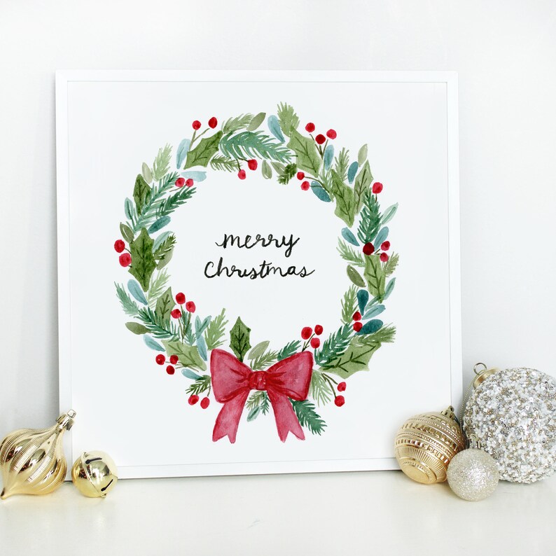 Christmas Wreath Printable Art Download Holiday Prints Xmas Print - Etsy