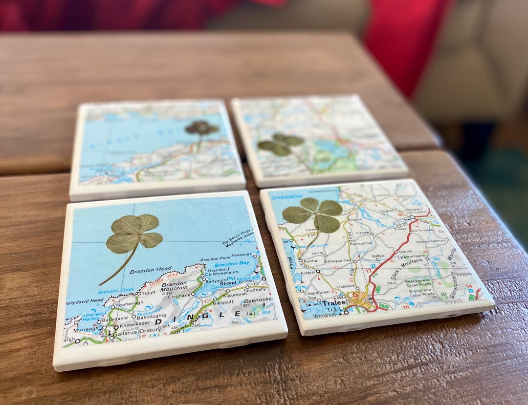 Ireland Map Coasters With Genuine Fourleaf Clovers Etsy