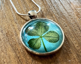 Genuine four-leaf clover necklace (blue)