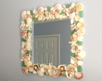 Coastal Seashell Mirror with Sea Glass & Starfish / Beach House Wall Decor / Seashell Art