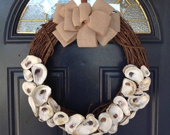 Oyster Shell Grapevine Wreath: Coastal Farmhouse Burlap Bow