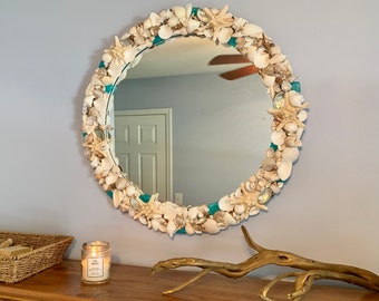 Seashell Starfish Mirror with Pearlized and White Seashells & Sea Glass/ Coastal Home Wall Decor