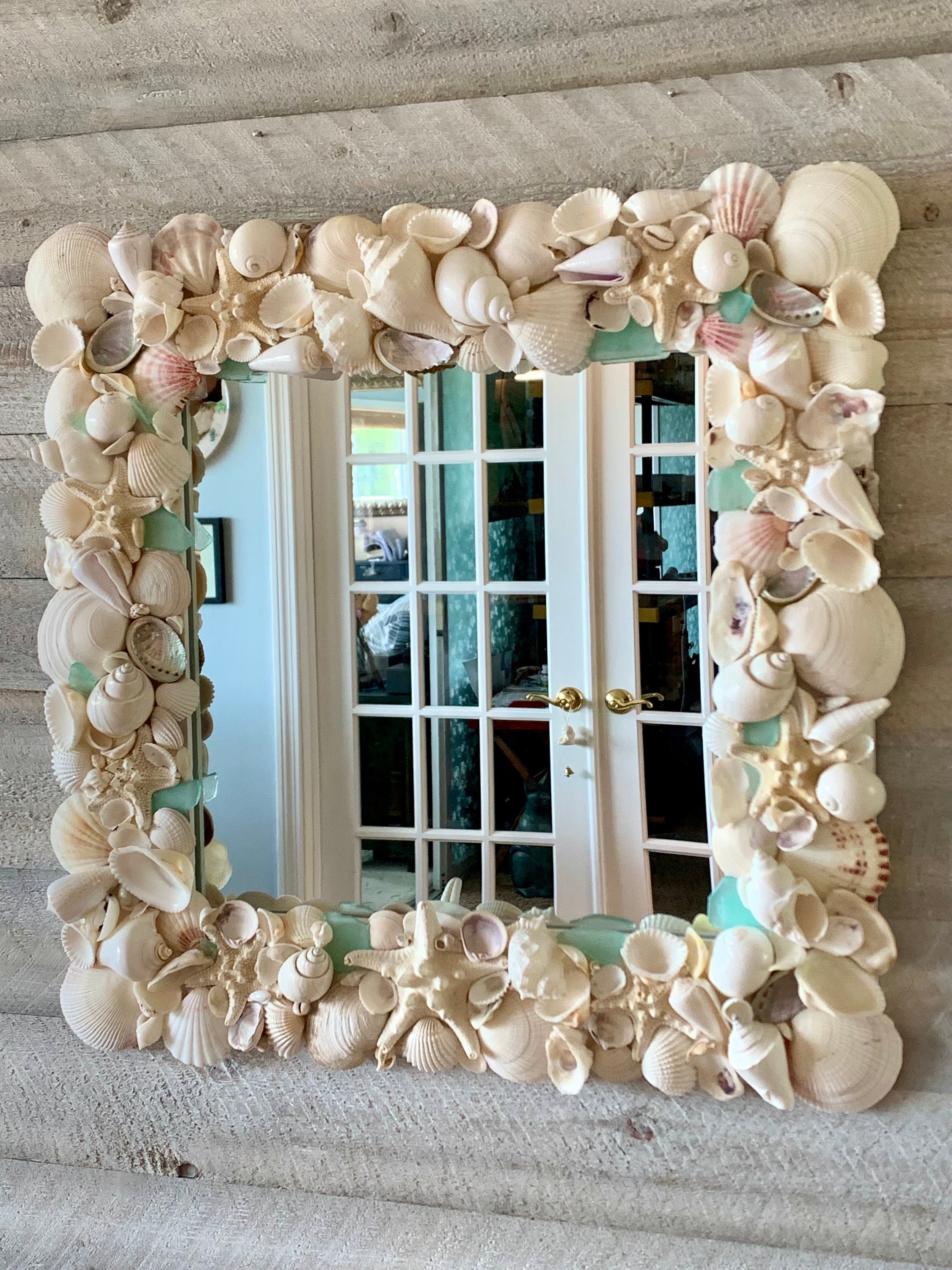 Seashell Mirror Wall Decor / White Seashell Mirror with Sea Glass