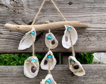 Oyster Shell Wind Chime: Turquoise Beads, Coastal Boho Decor