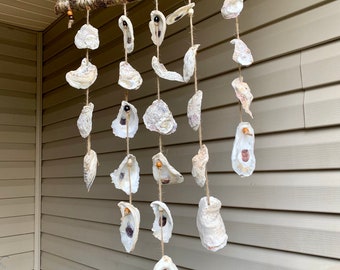 Oyster Shell Wind Chime / Coastal Farmhouse Home Patio Decor / Rustic Wall Art Hanging