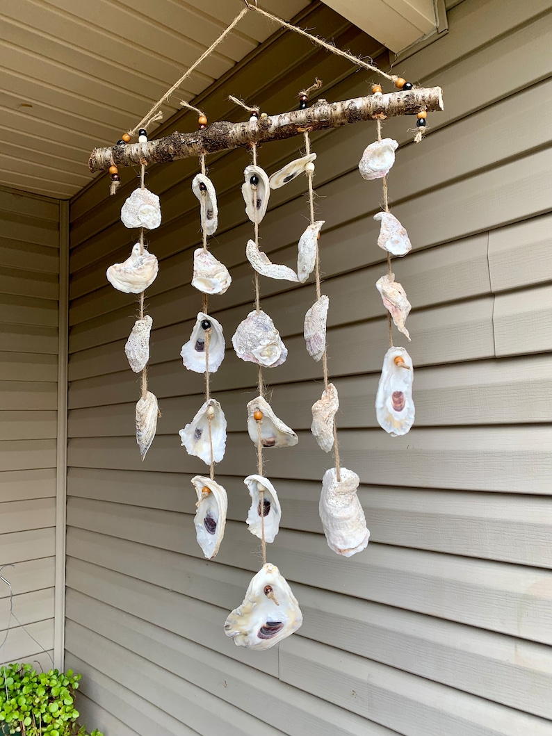 May include: A white oyster shell wind chime with wooden beads hanging from a branch. The chime is made of natural materials and has a rustic look.